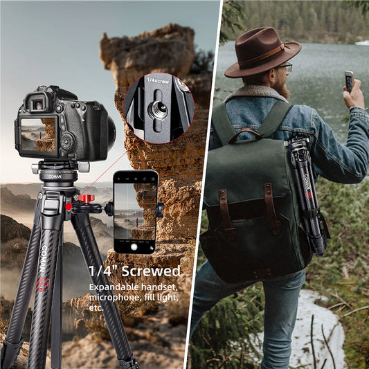 Coman Zero Y Professional Travel Carbon Fiber Tripod, 360° Ball Head, Arca Swiss for DSLR